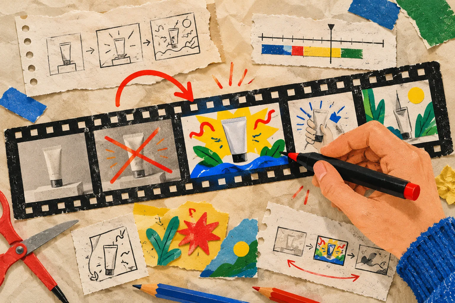 Hand-drawn editable launch video film strip