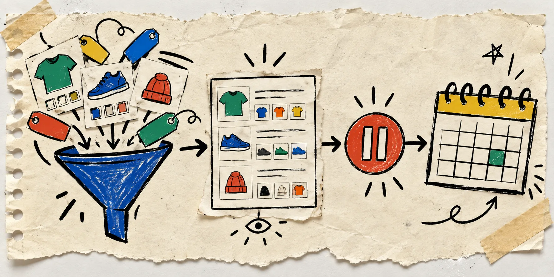 Hand-drawn product selection and preview workflow