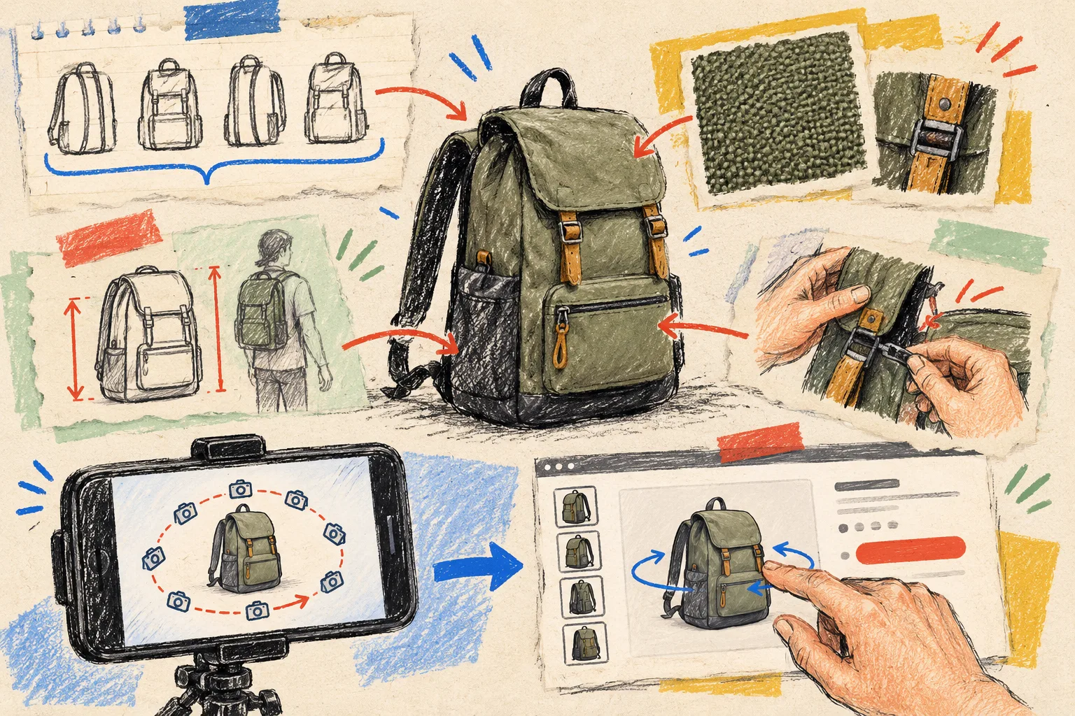 Hand-drawn 3D capture brief around product details