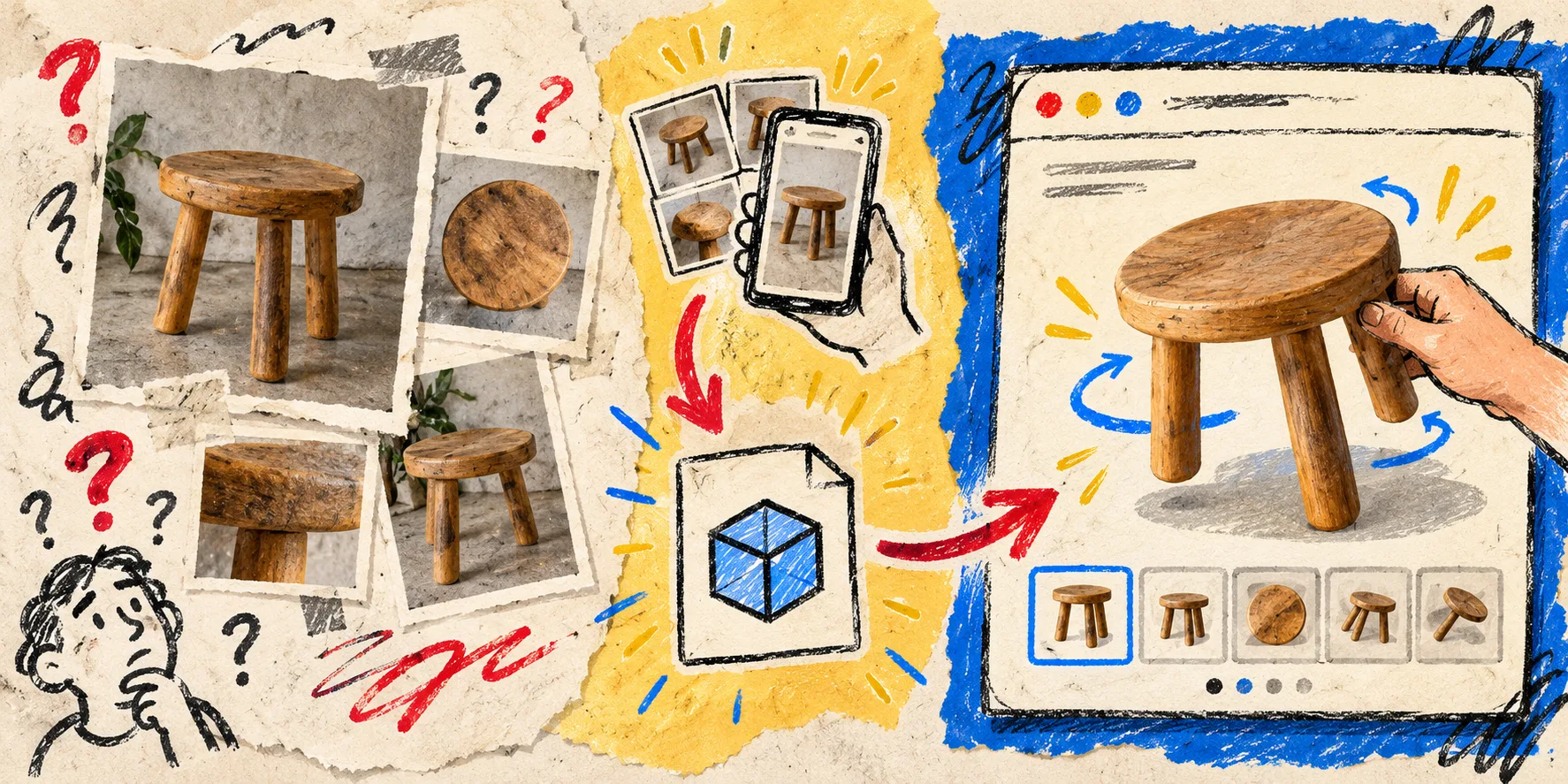 Hand-drawn path from phone photos to an interactive product model