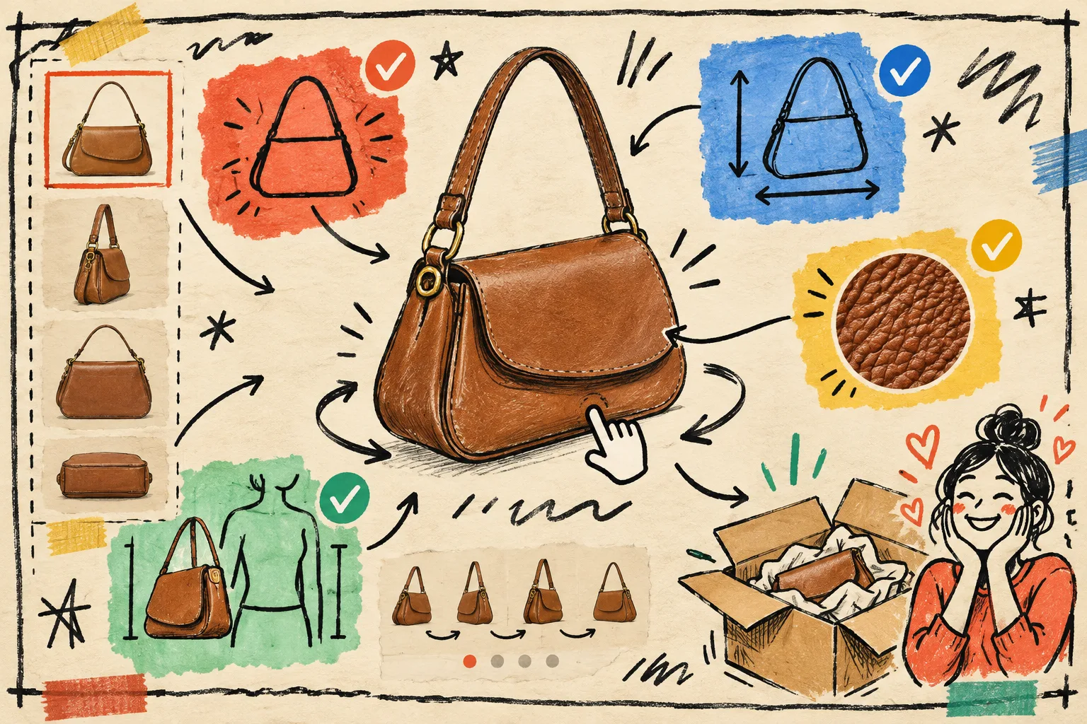 Hand-drawn product-page confidence check centered on an interactive 3D model