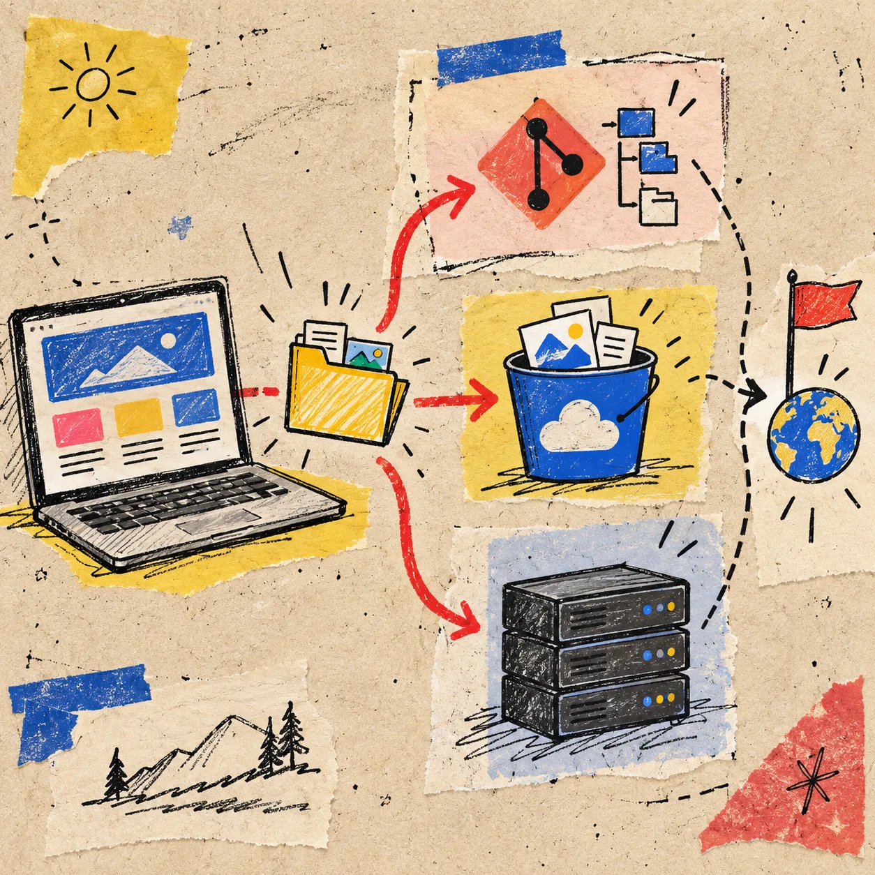 Hand-drawn map of static hosting deployment options