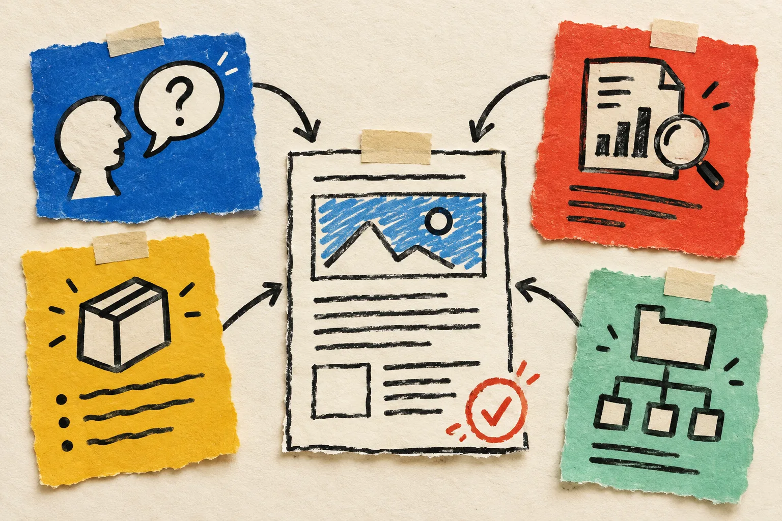 Hand-drawn product context ingredients flowing into a blog draft
