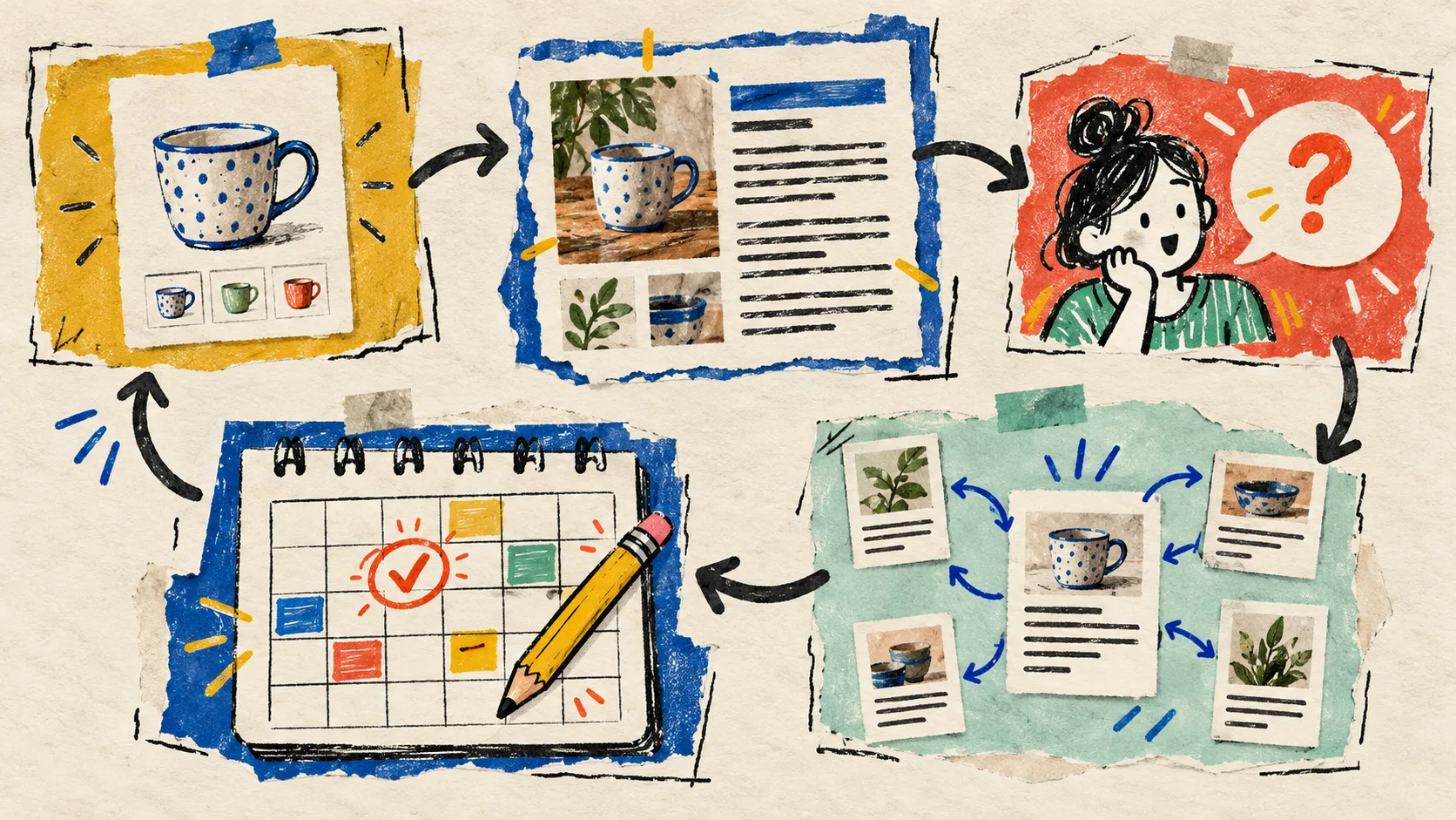 Hand-drawn recurring Shopify content loop with products, posts, links, and calendar