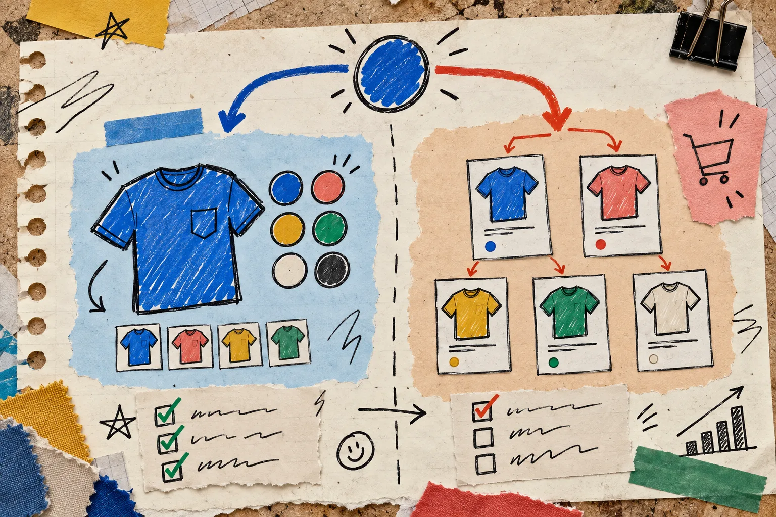 Hand-drawn decision between variant and linked-product swatches