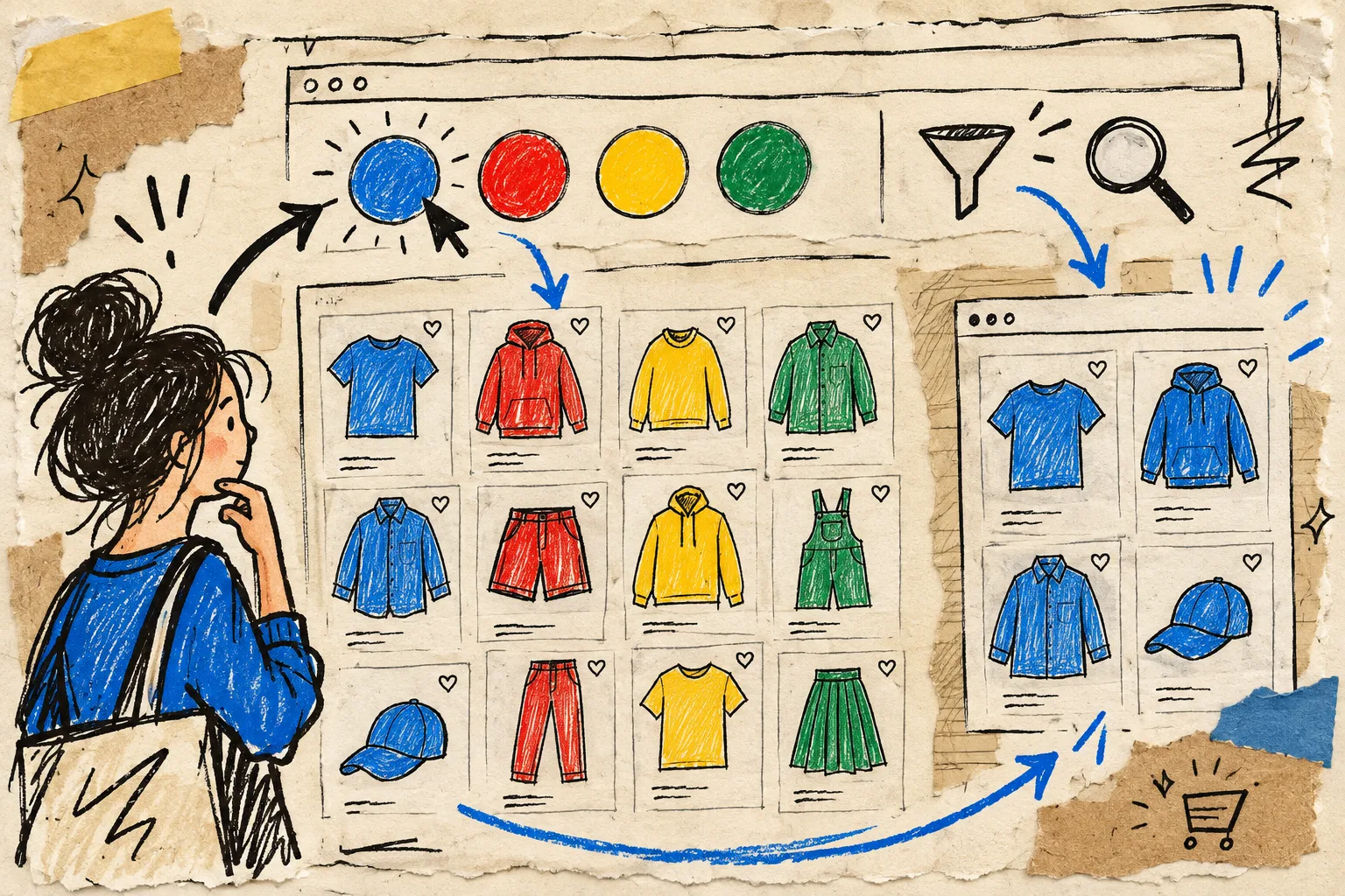 Hand-drawn Shopify collection page color filtering workflow