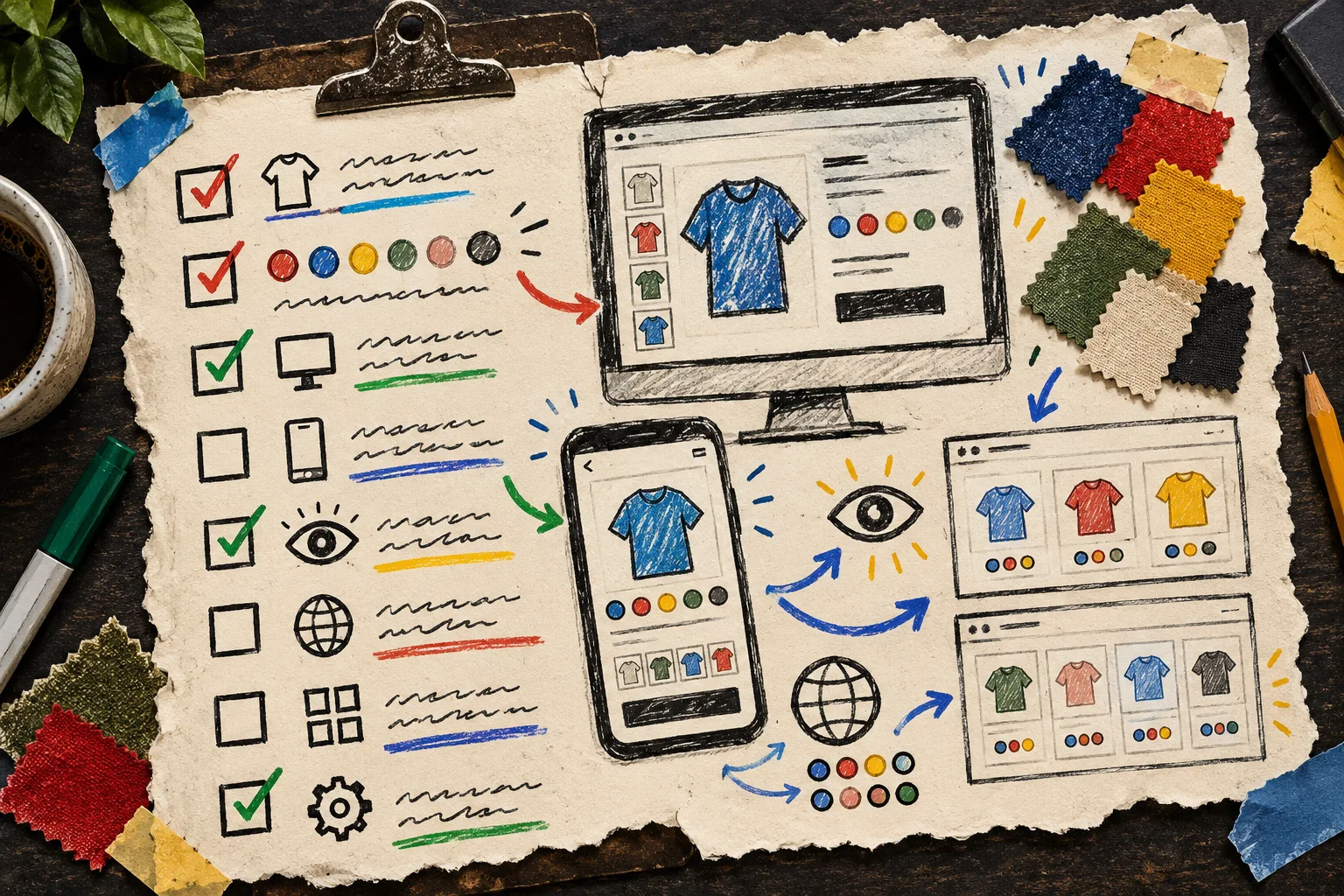 Hand-drawn pre-launch checklist for Shopify color swatches