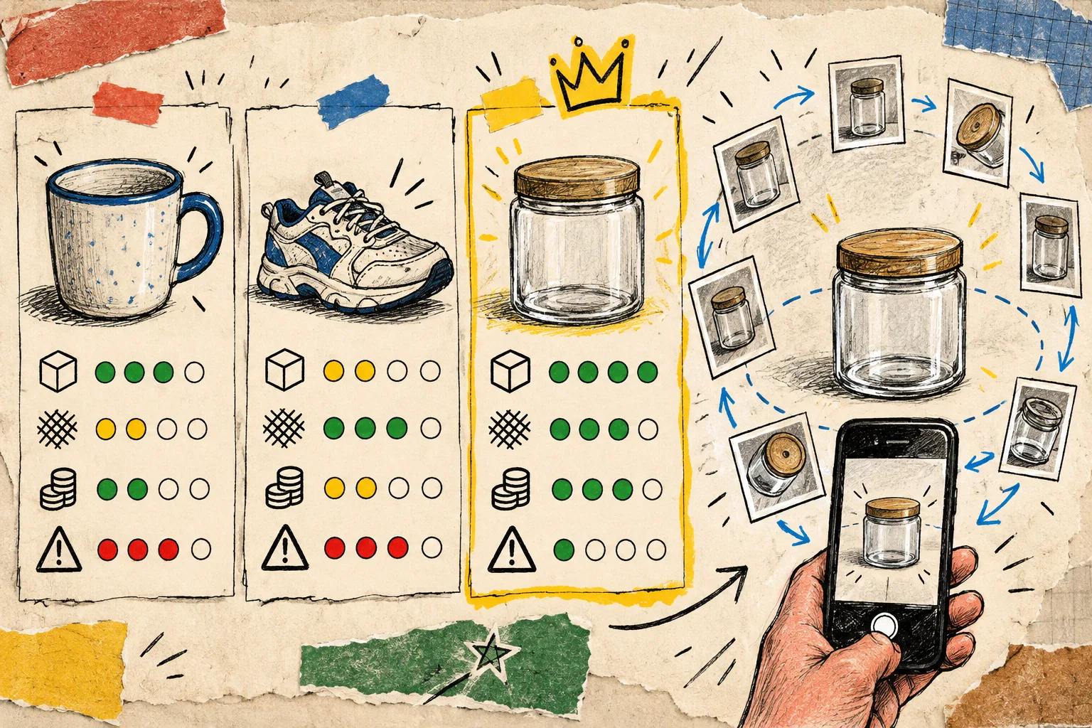Hand-drawn scorecard for choosing the first Shopify SKU to capture in 3D