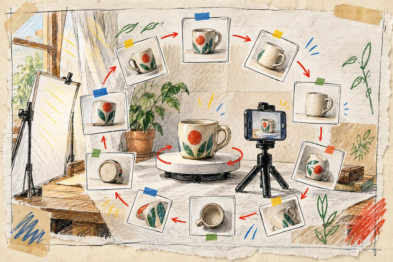 Hand-drawn phone photography orbit around a product for 3D capture