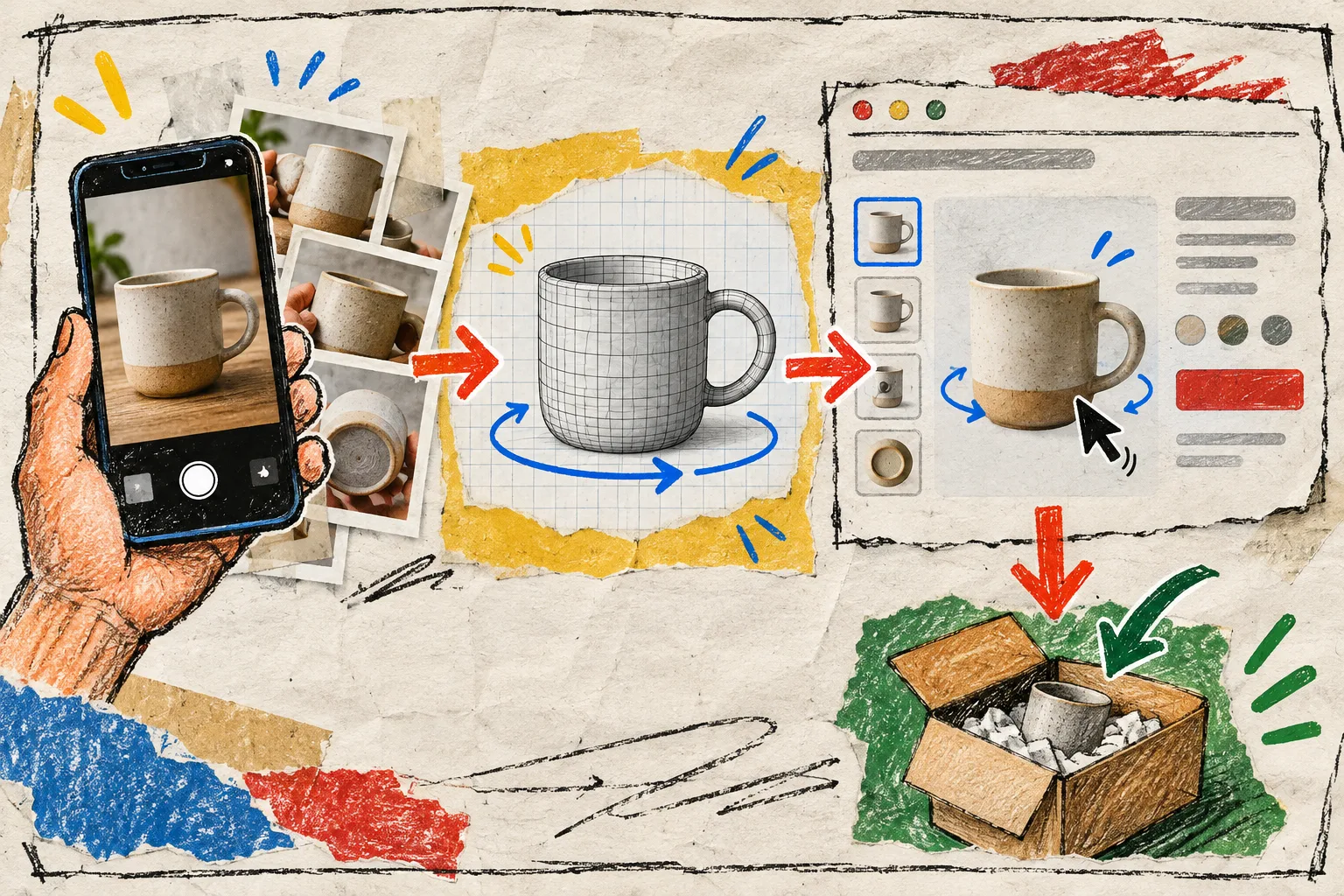 Hand-drawn workflow from phone photos to interactive Shopify 3D product media