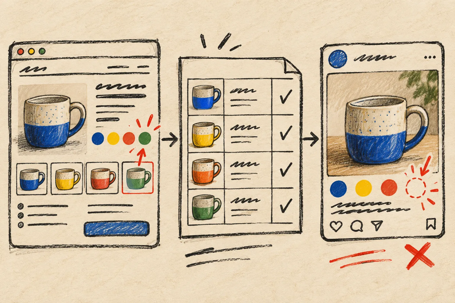 Hand-drawn three-stage listing feed and catalog mismatch check