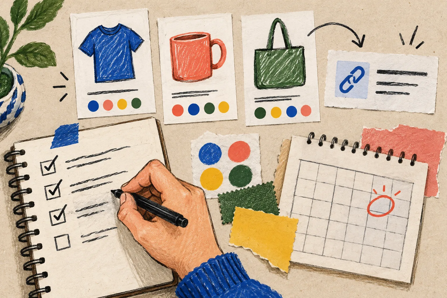 Hand-drawn weekly ecommerce catalog review checklist
