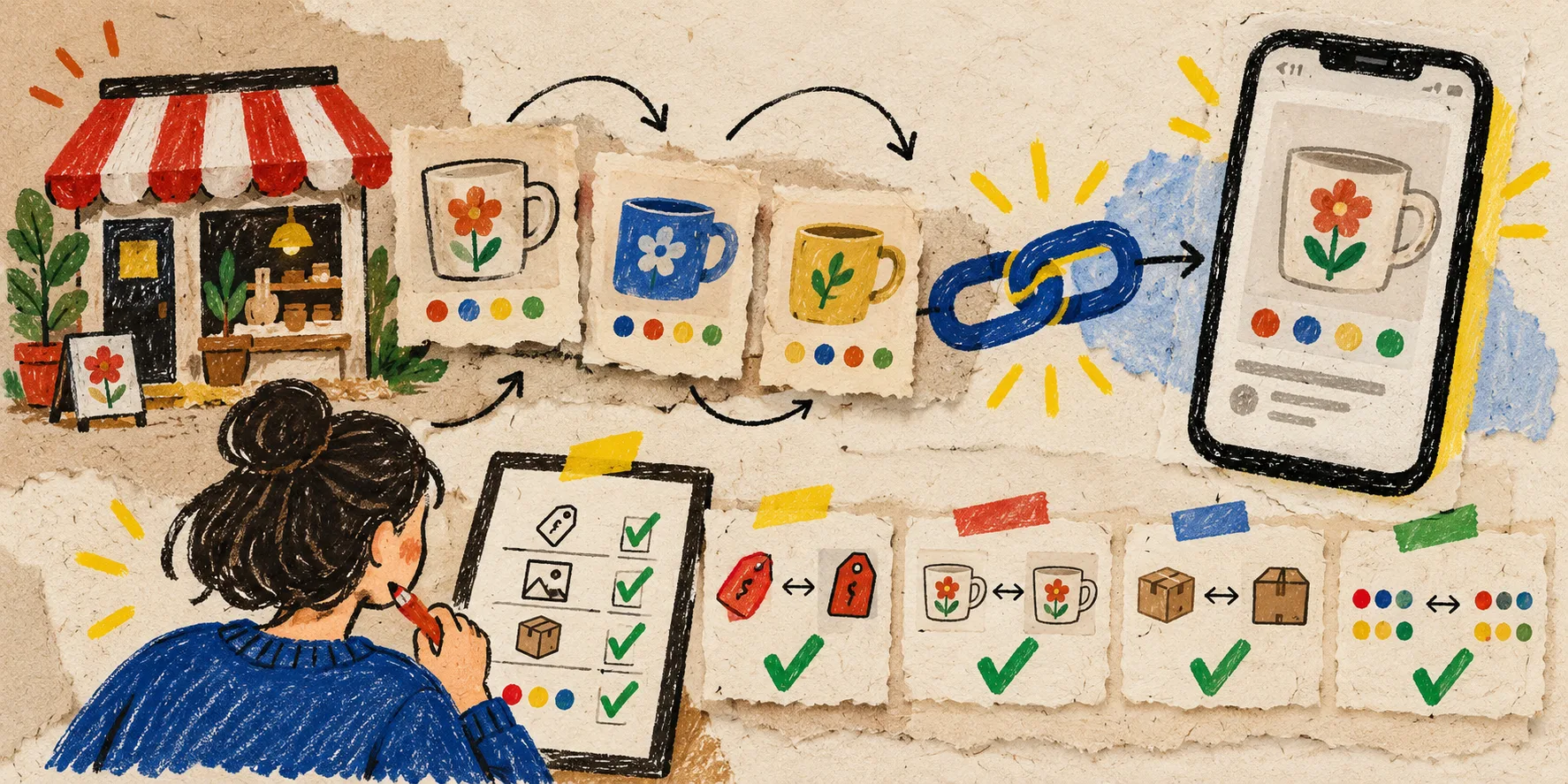 Hand-drawn Etsy social catalog quality assurance workflow