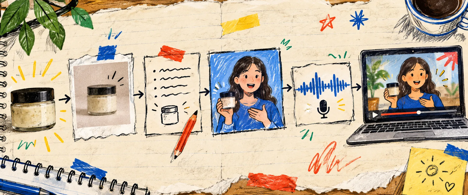 Hand-drawn product-to-video workflow with script avatar and voice