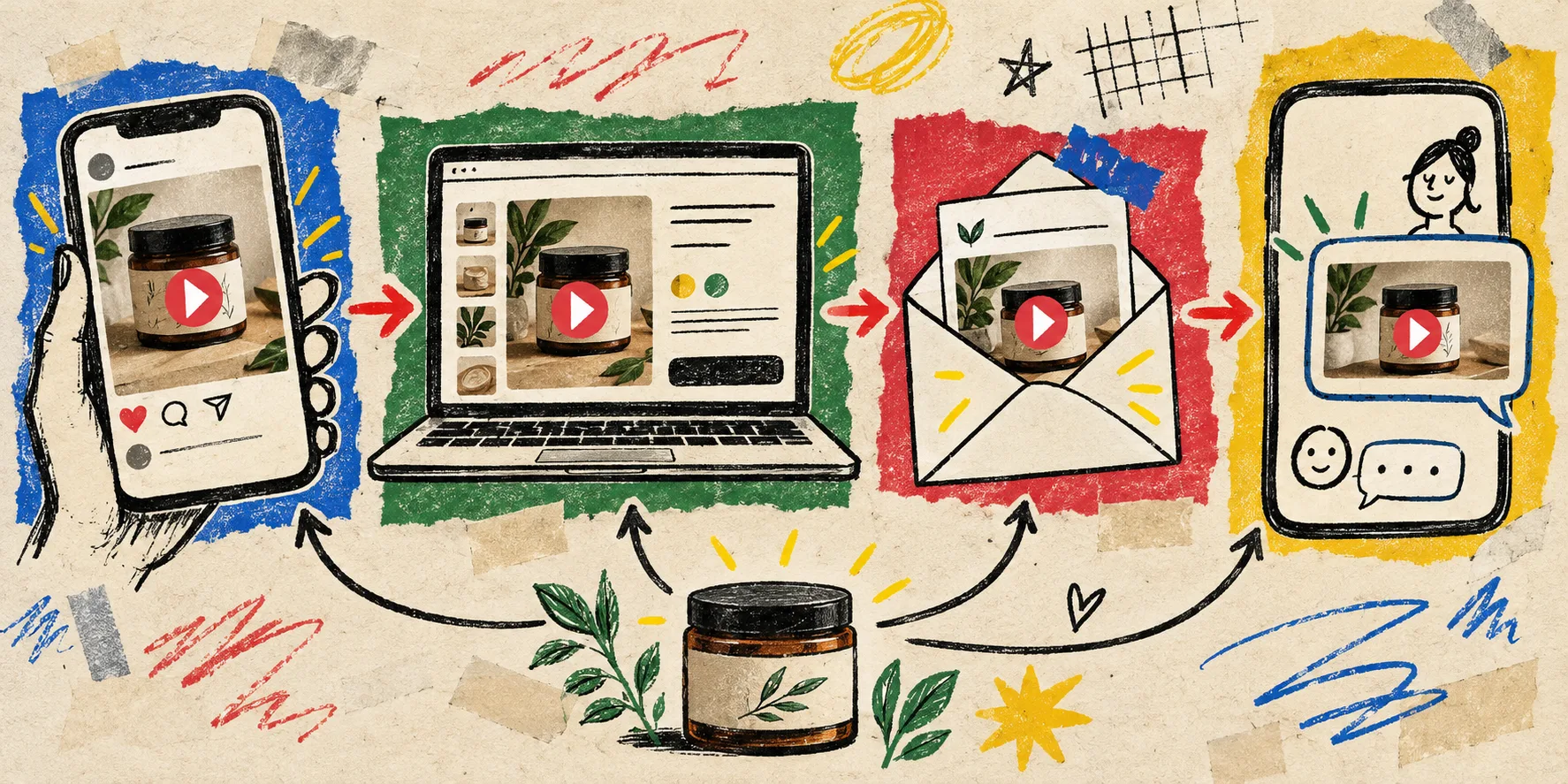 Hand-drawn map of short product video placements across ecommerce channels