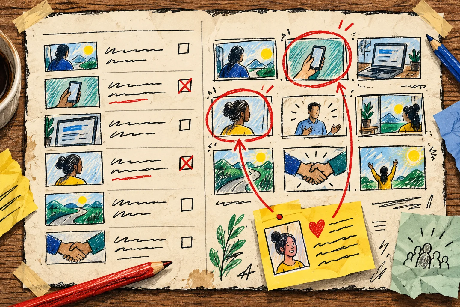 Hand-drawn storyboard and scene-change ledger with marked revisions