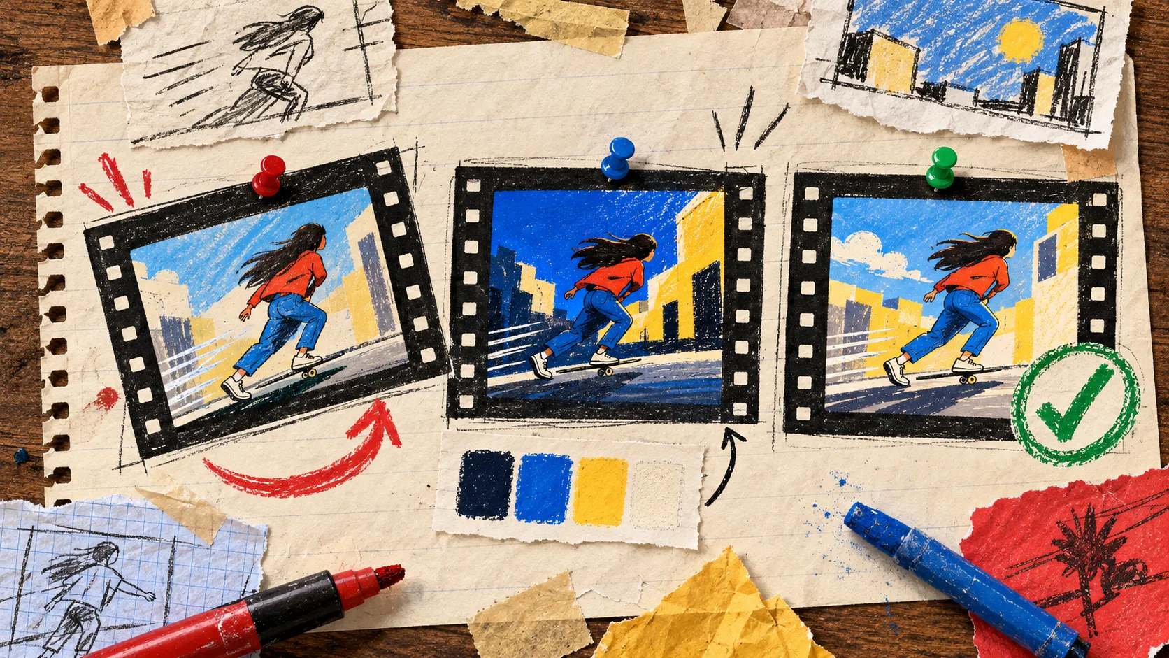Hand-drawn video frames with visual QA corrections and approval mark