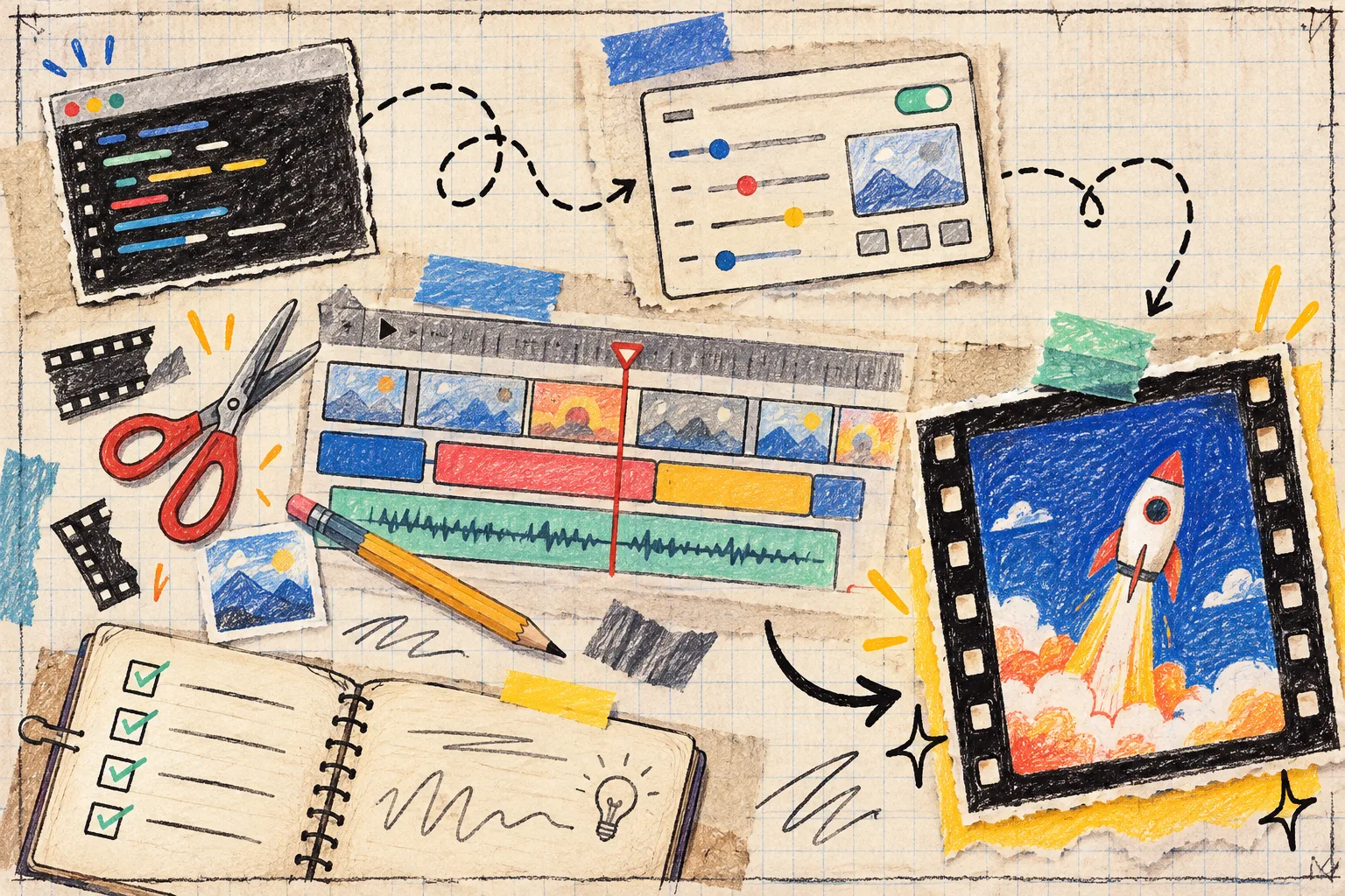 Hand-drawn editable timeline connecting terminal, video controls, and launch film