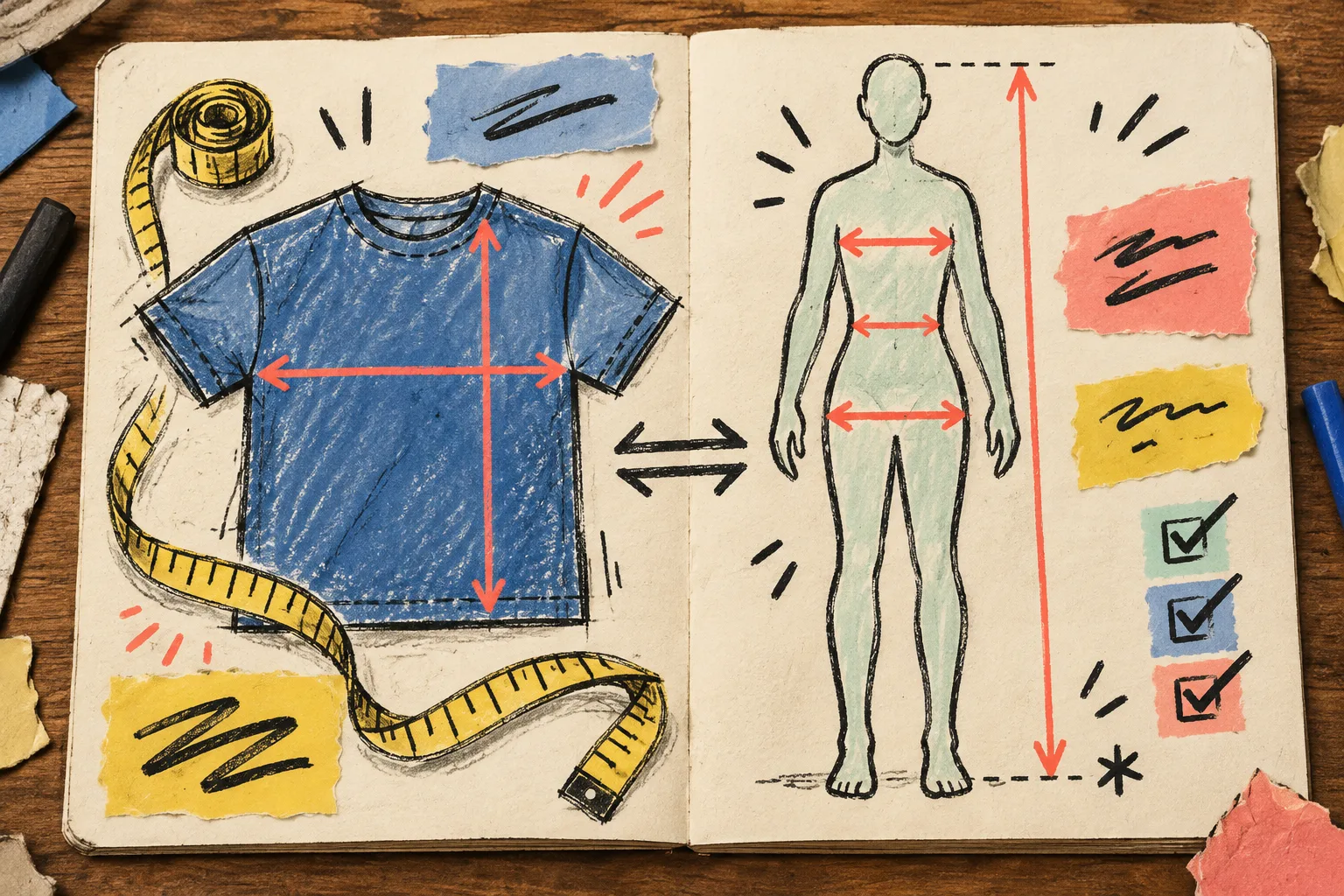 Hand-drawn comparison of garment and body measurements