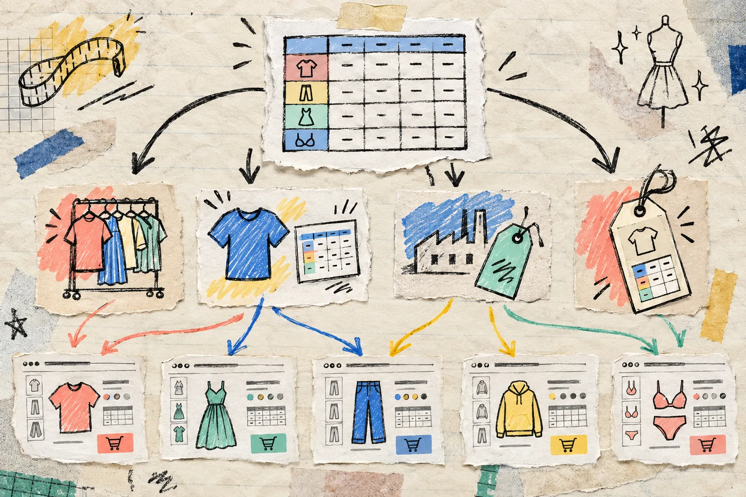 Hand-drawn map of one size chart serving multiple Shopify products