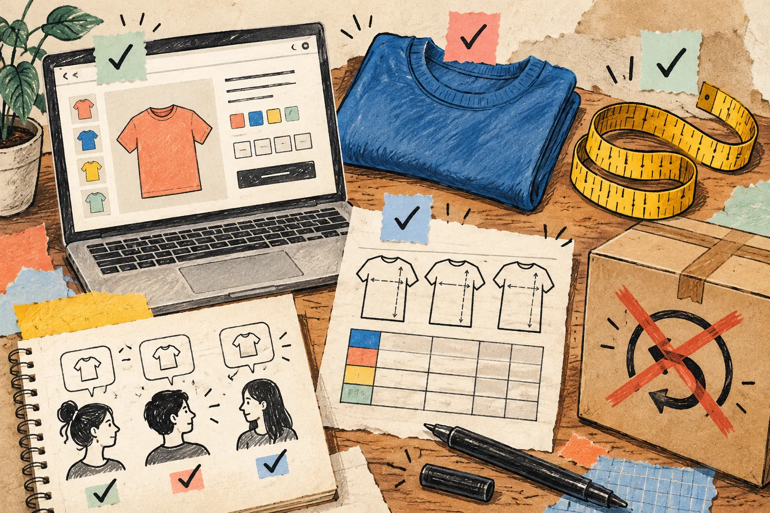 Hand-drawn checklist for testing a Shopify size chart