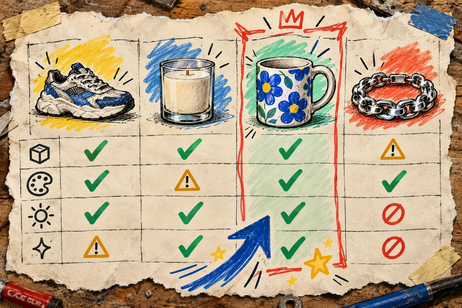 Hand-drawn matrix for choosing a first Shopify product for 3D