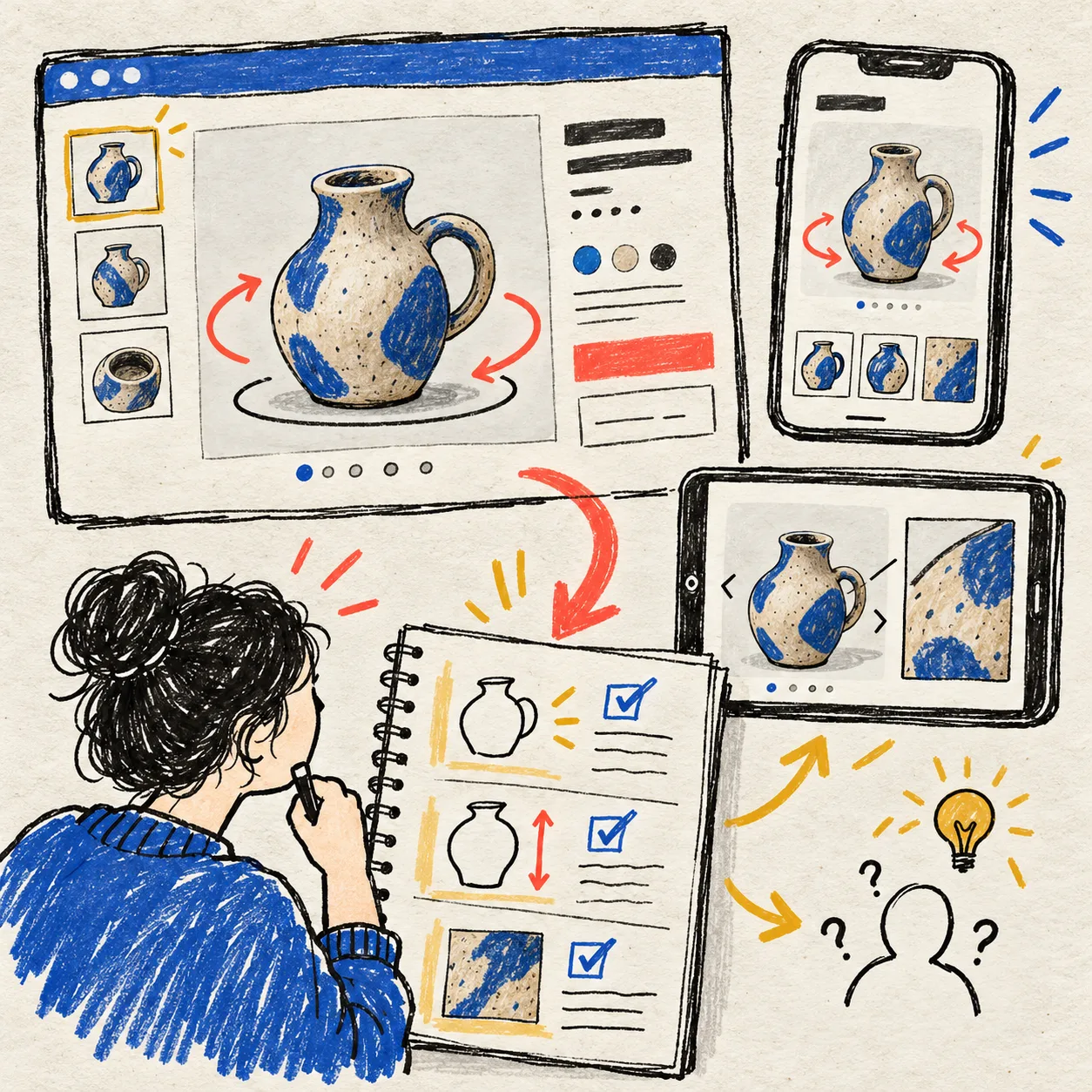 Hand-drawn product-page 3D media QA board