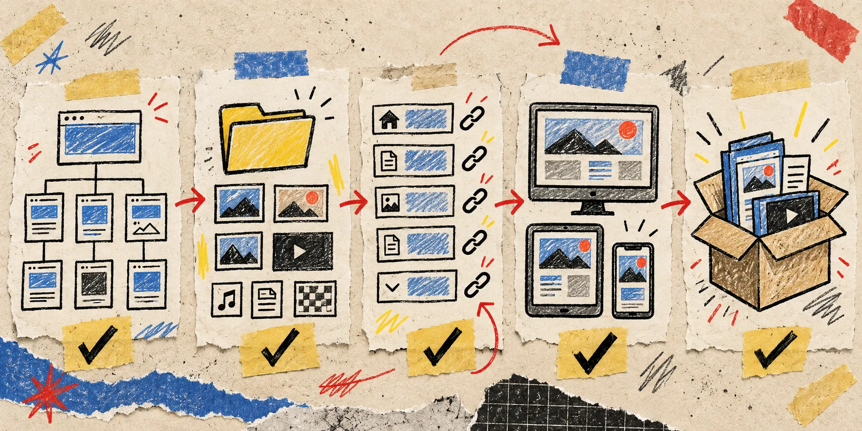 Hand-drawn workflow for reviewing pages assets links and responsive screens