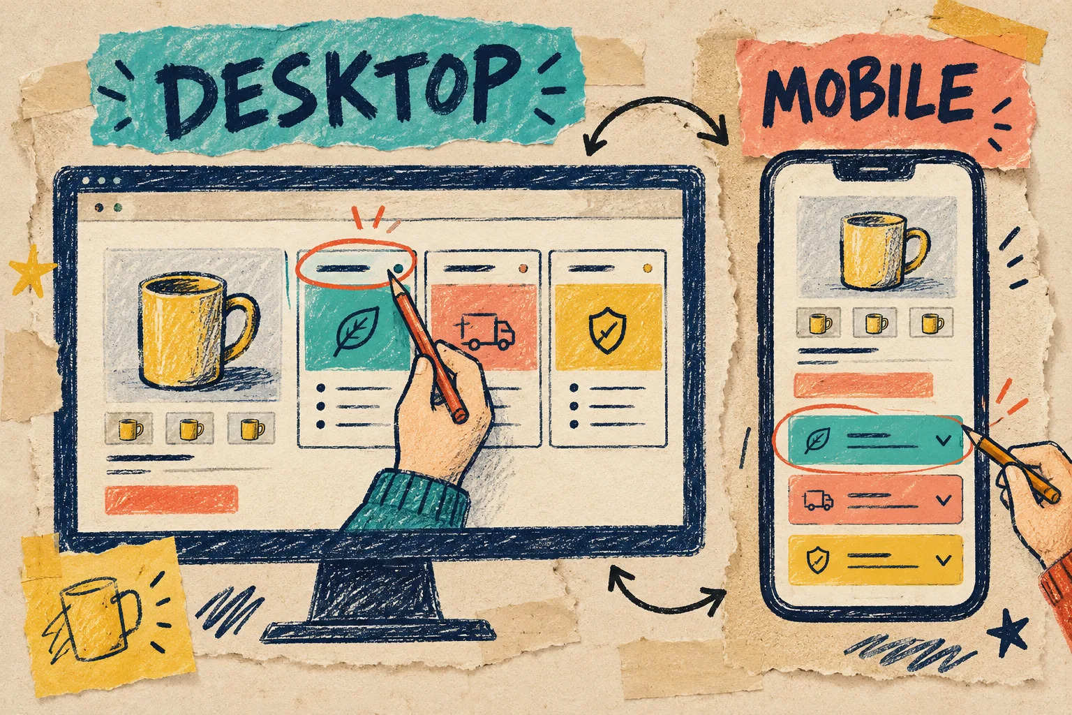 Hand-drawn comparison of desktop tabs and mobile accordions