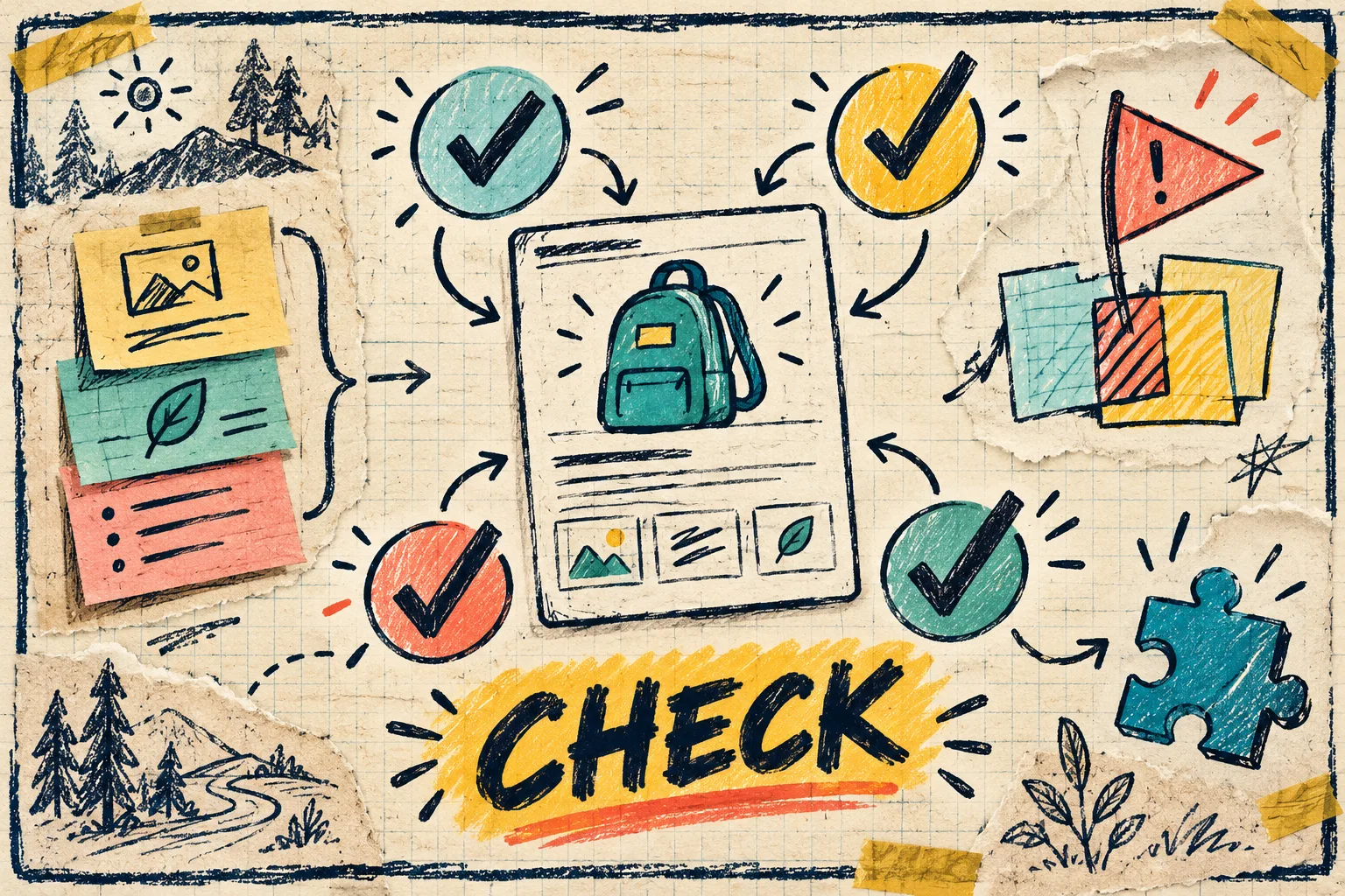 Product-page clarity checklist in a handmade notebook style