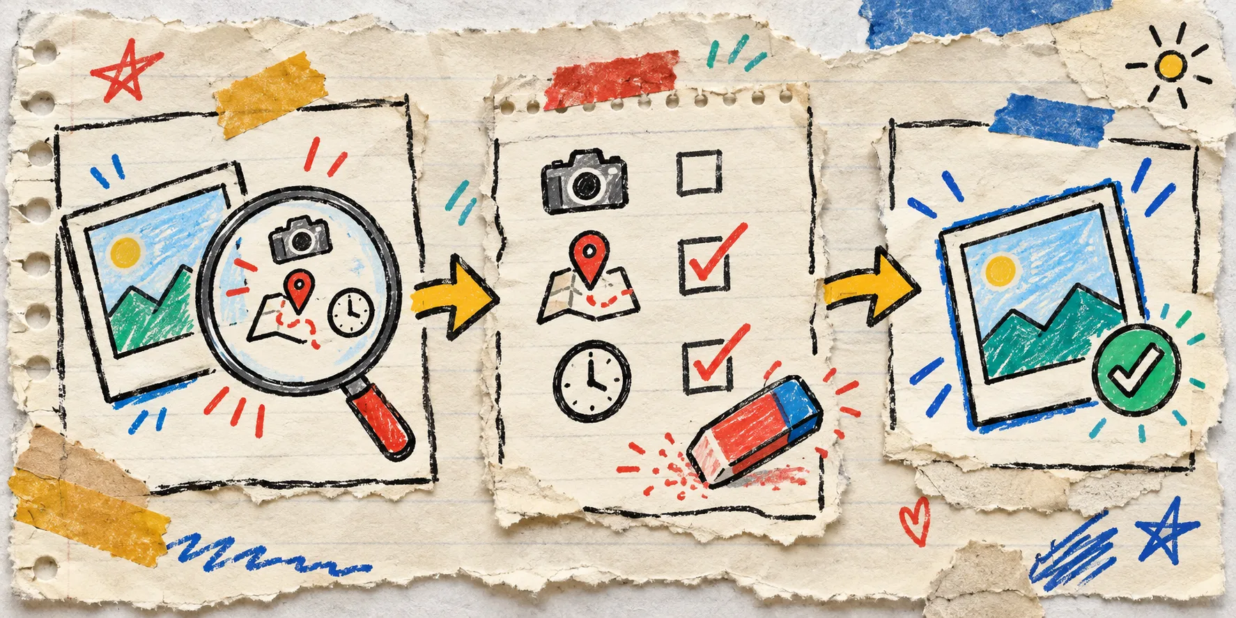 Hand-drawn three-step image metadata cleanup workflow