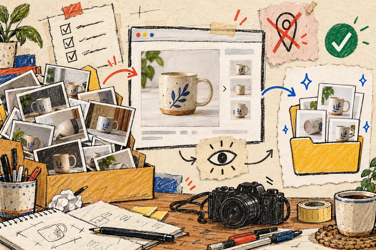Hand-drawn ecommerce photo workbench and clean export folder