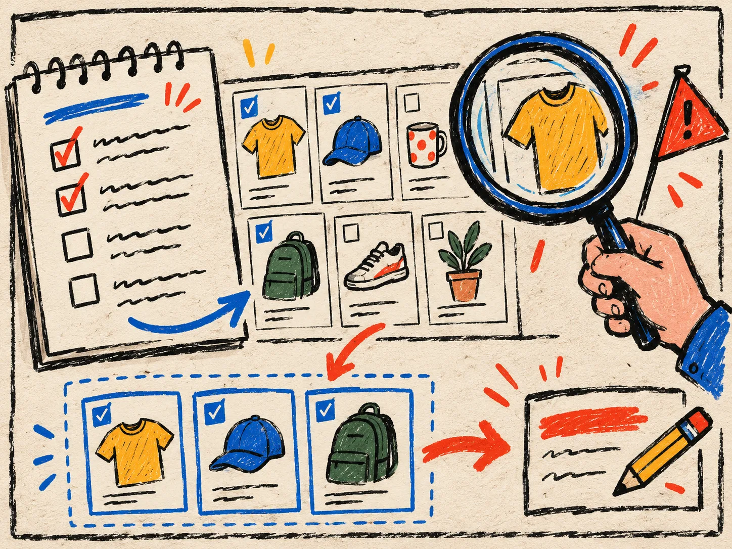 Hand-drawn product selection checklist for a Shopify bulk edit