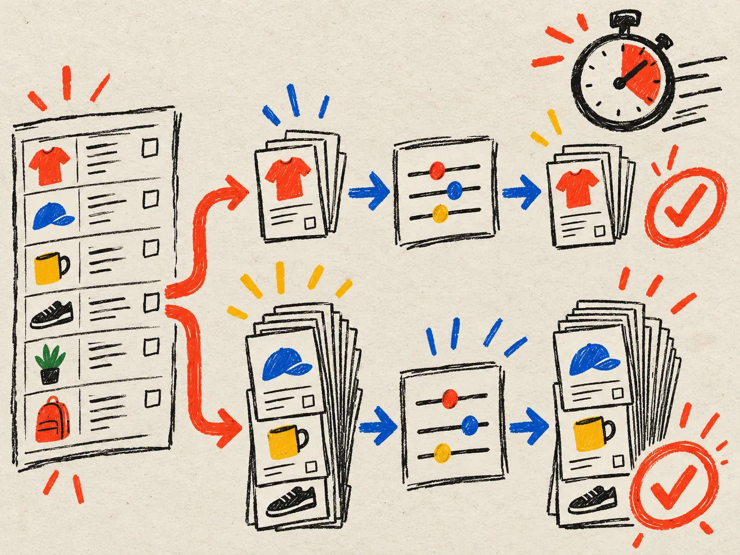 Hand-drawn pilot batch workflow for Shopify catalog updates