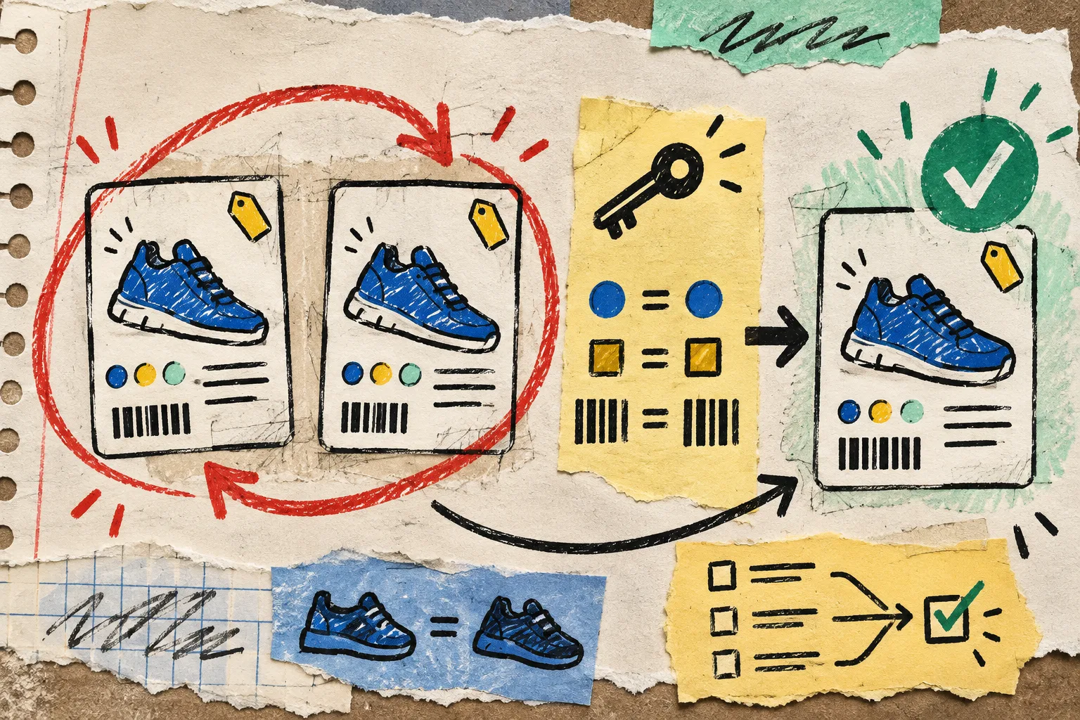 Hand-drawn duplicate product records resolved with a matching rule