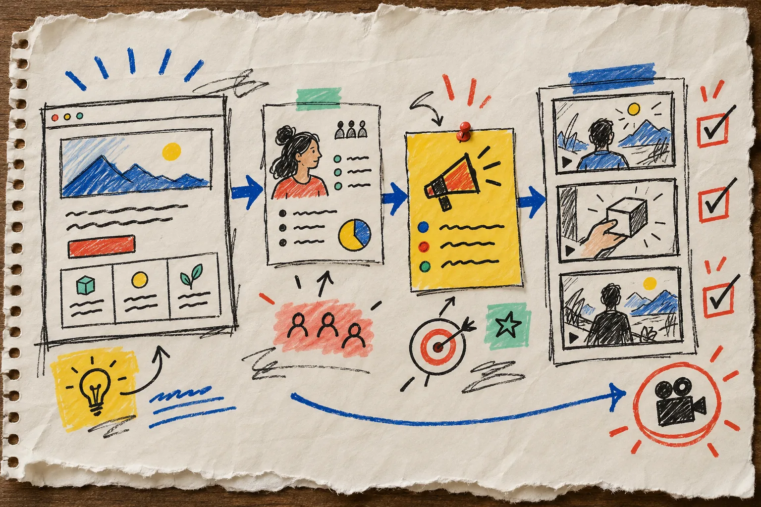Hand-drawn workflow from website to audience, message, storyboard, and video
