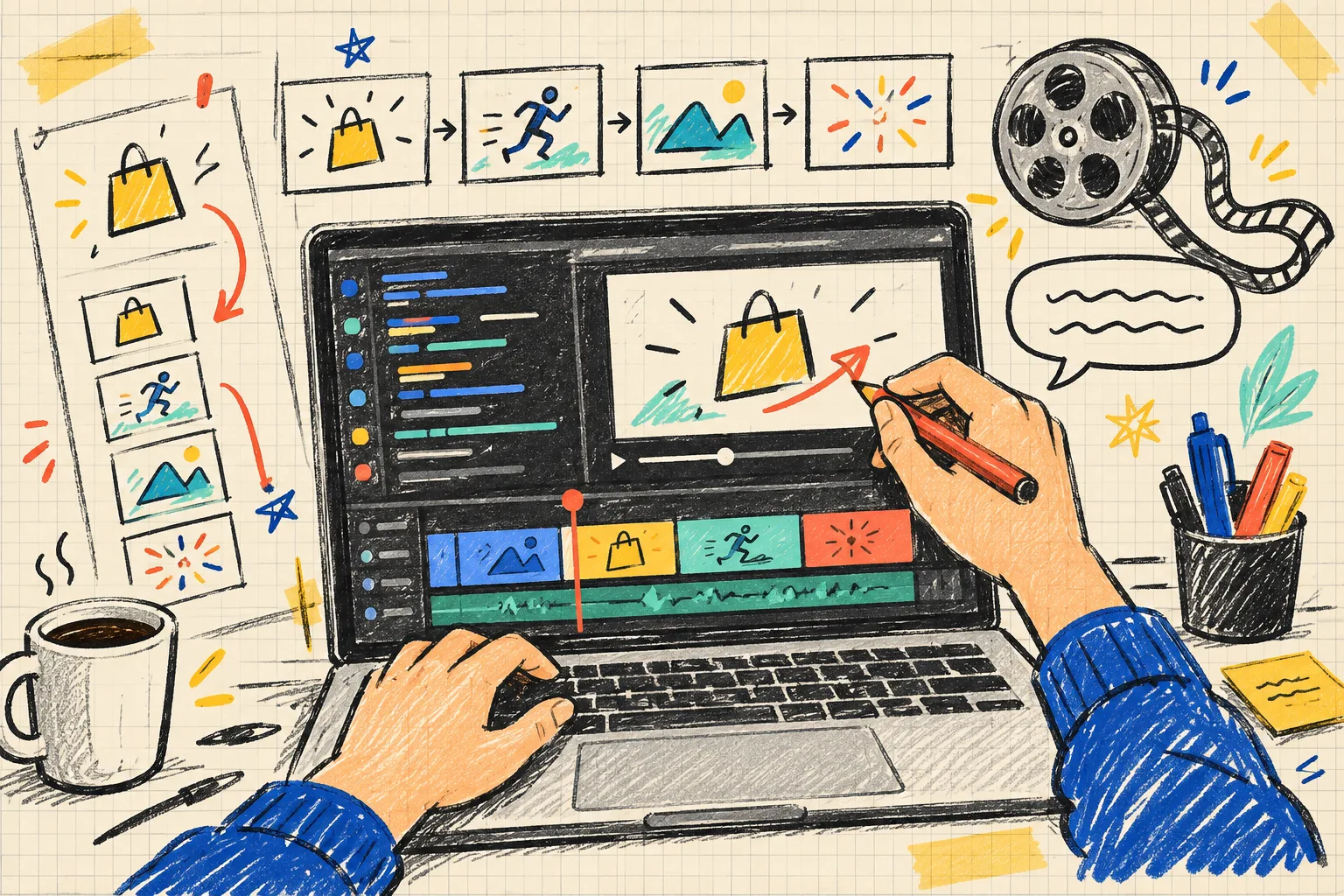 Hand-drawn laptop video editor with revision notes and timeline