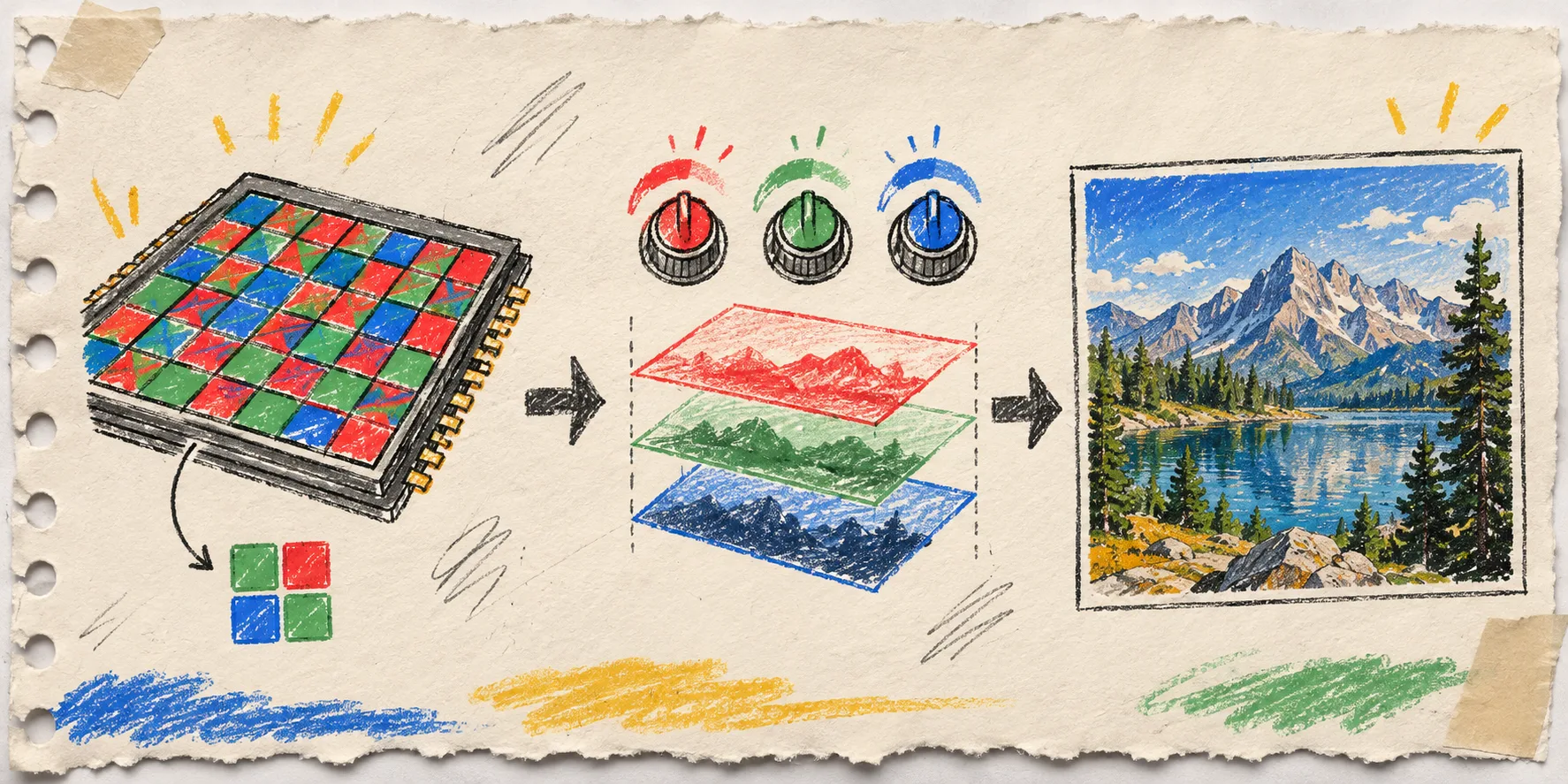 Hand-drawn Bayer sensor mosaic developing into an RGB photo