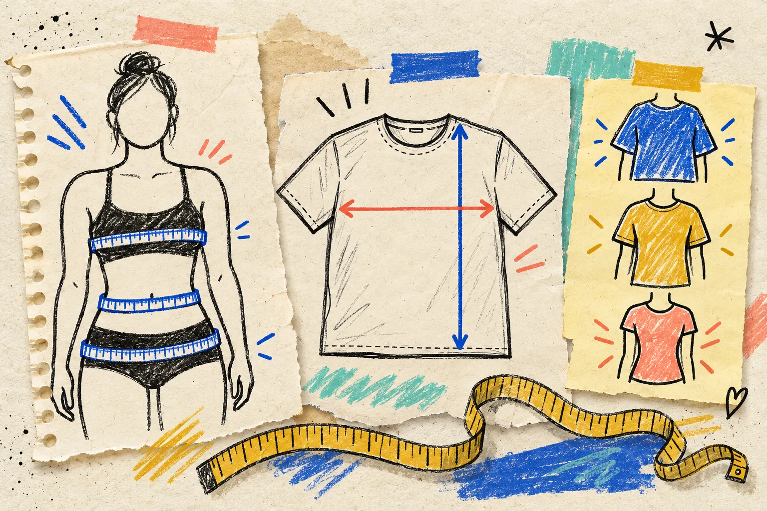 Hand-drawn comparison of body measurements, garment measurements, and fit options