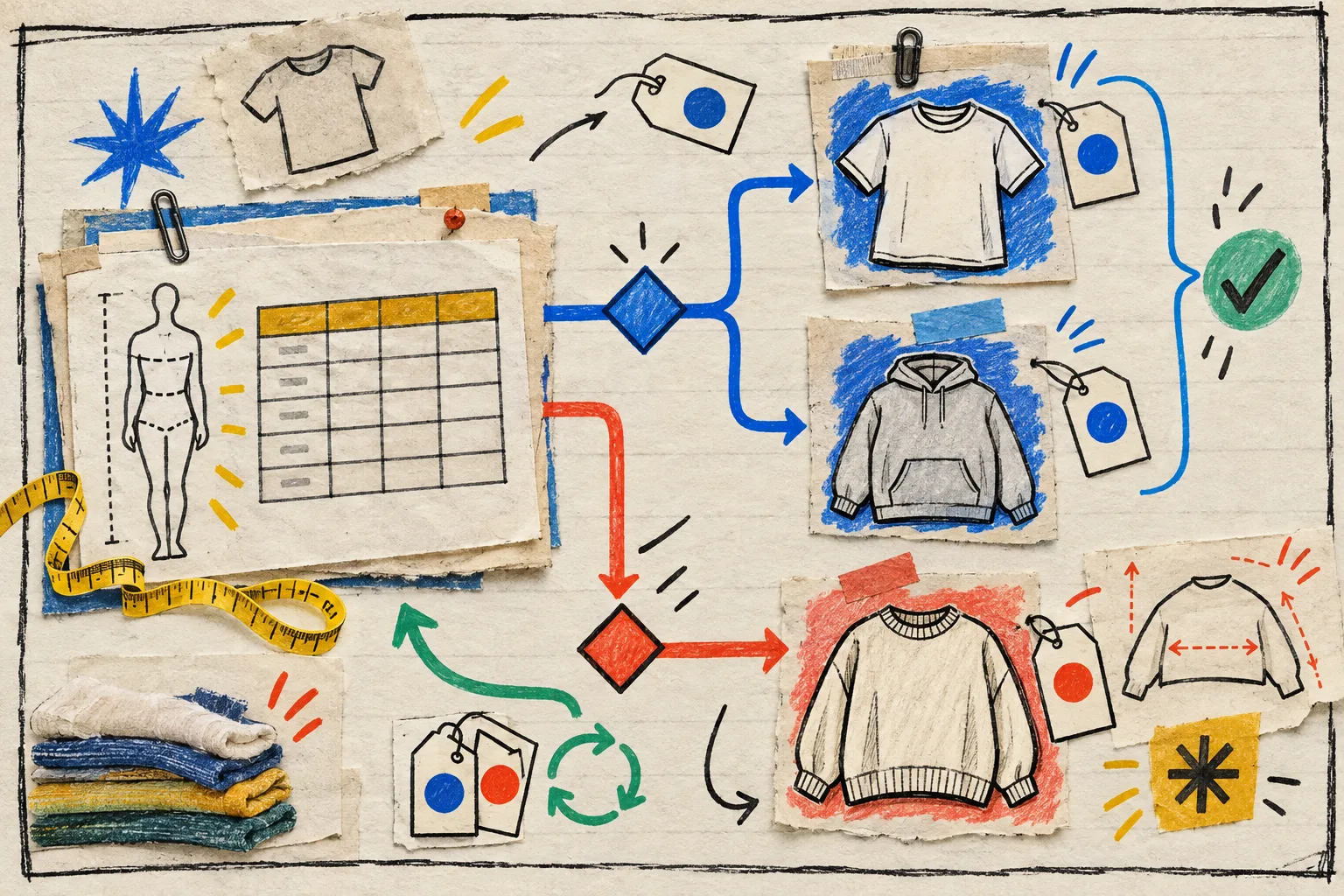 Hand-drawn workflow for routing a size chart across product fit families