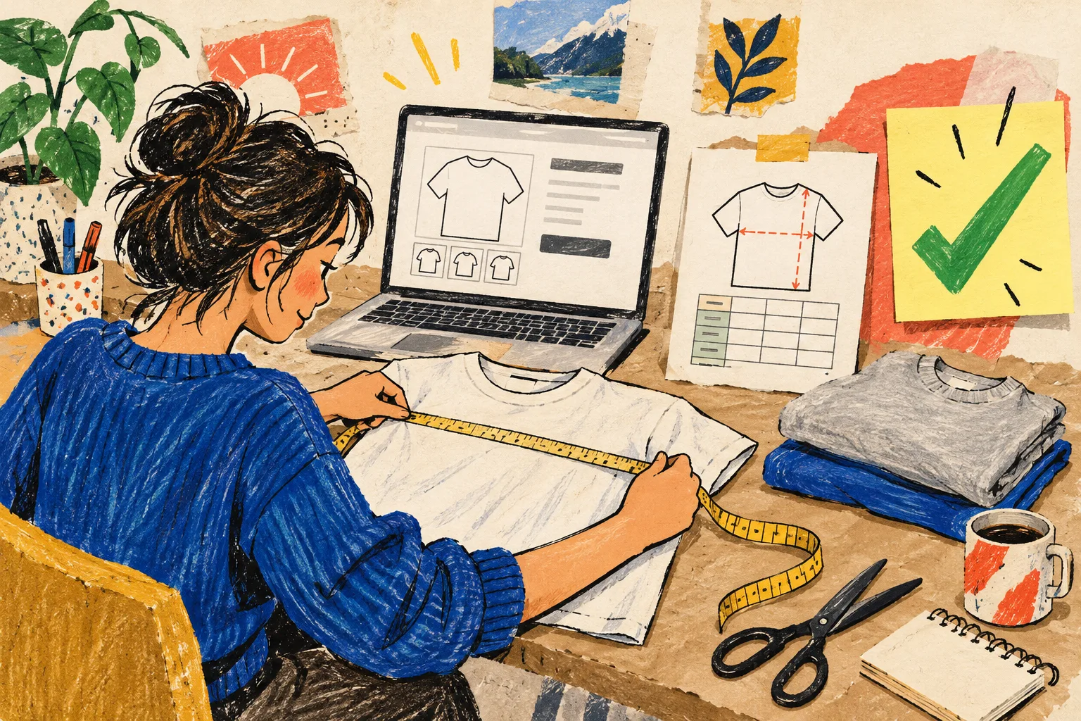 Merchandiser validating a garment measurement against a Shopify product page