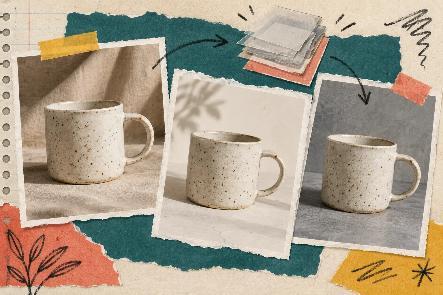 Editable product photo variants on a handmade notes board