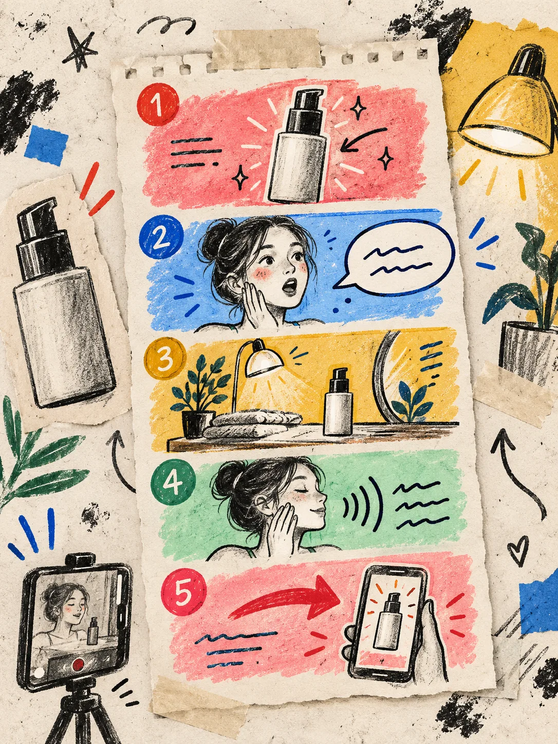 Hand-drawn Shopify UGC scene card with product, hook, setting, proof, and CTA zones