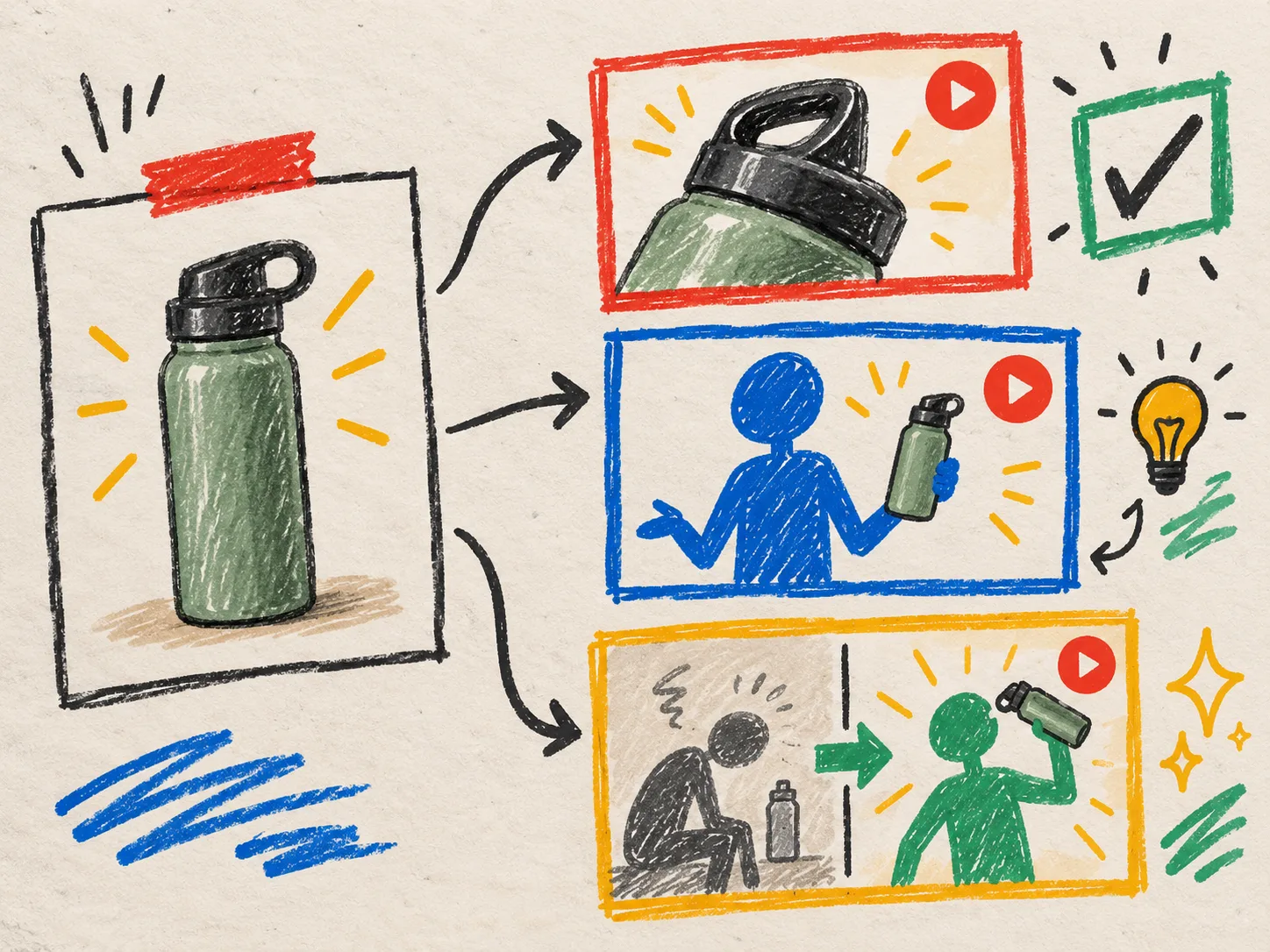 One ecommerce product concept branching into three UGC video angles