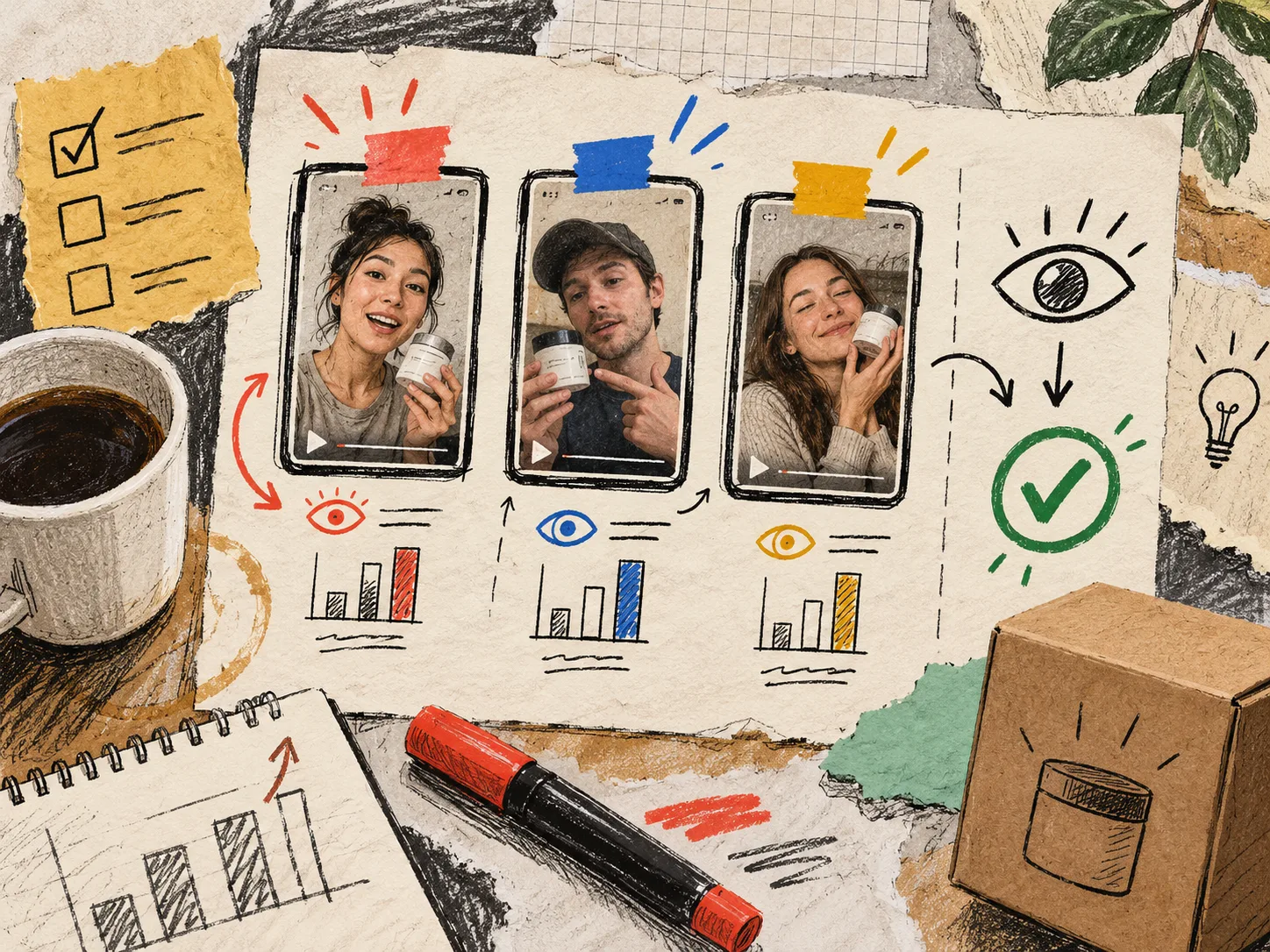 Hand-drawn board for reviewing three ecommerce video variants