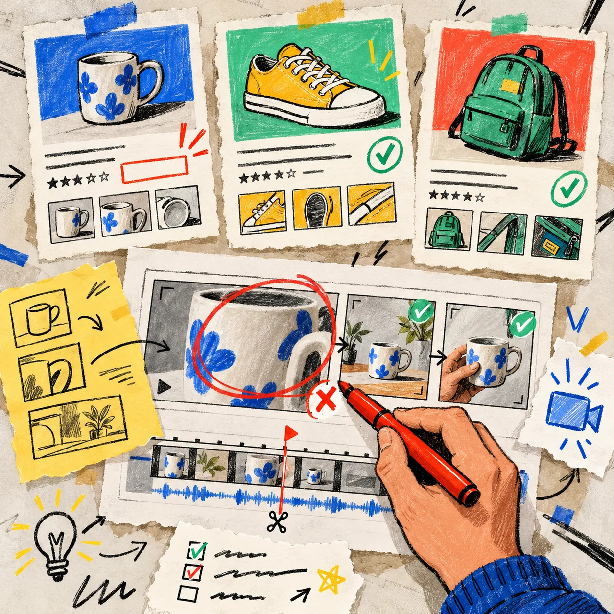 Hand-drawn QA check of product video templates before scale