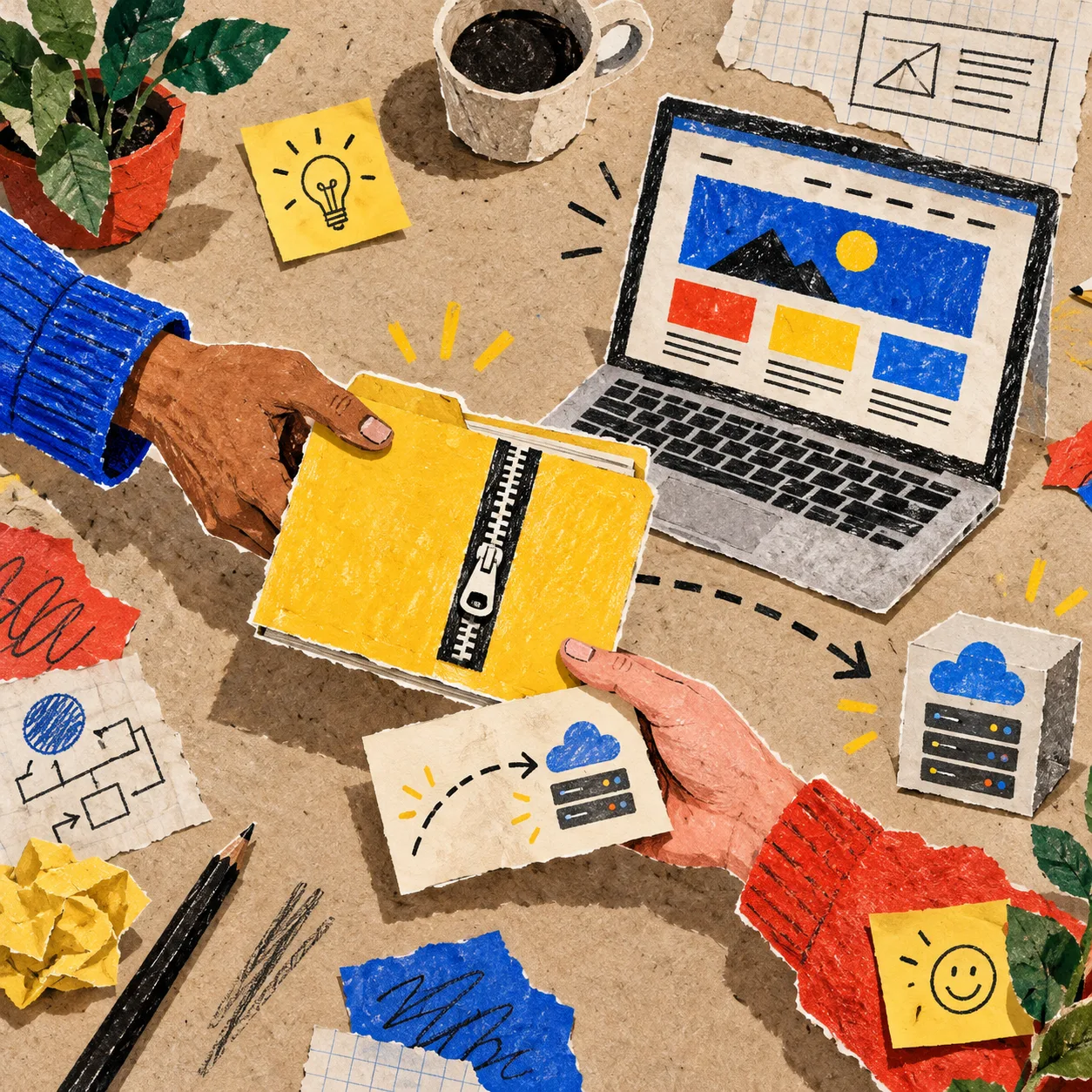 Hand-drawn client handoff with a static-site folder