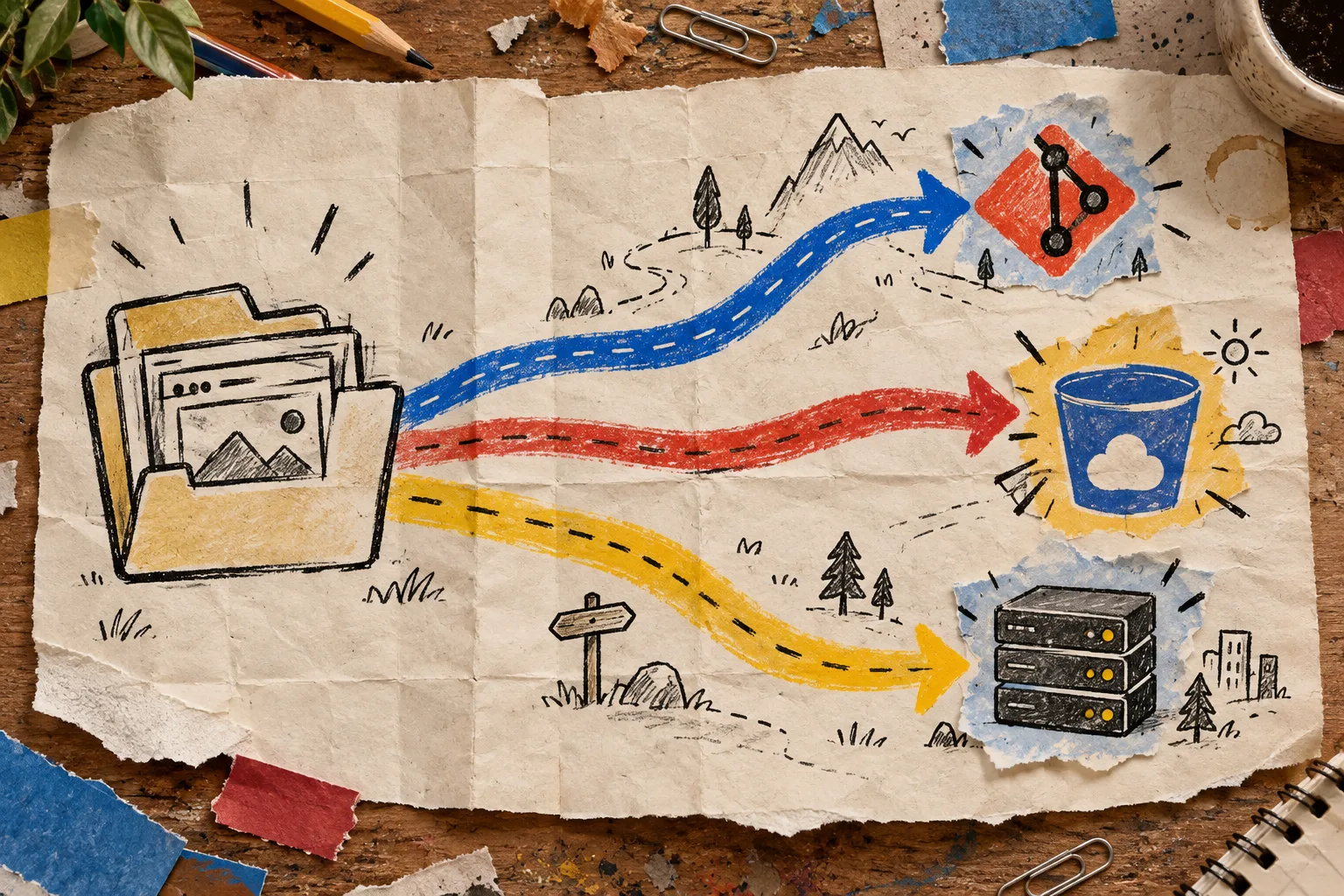 Hand-drawn deployment routes for an exported website